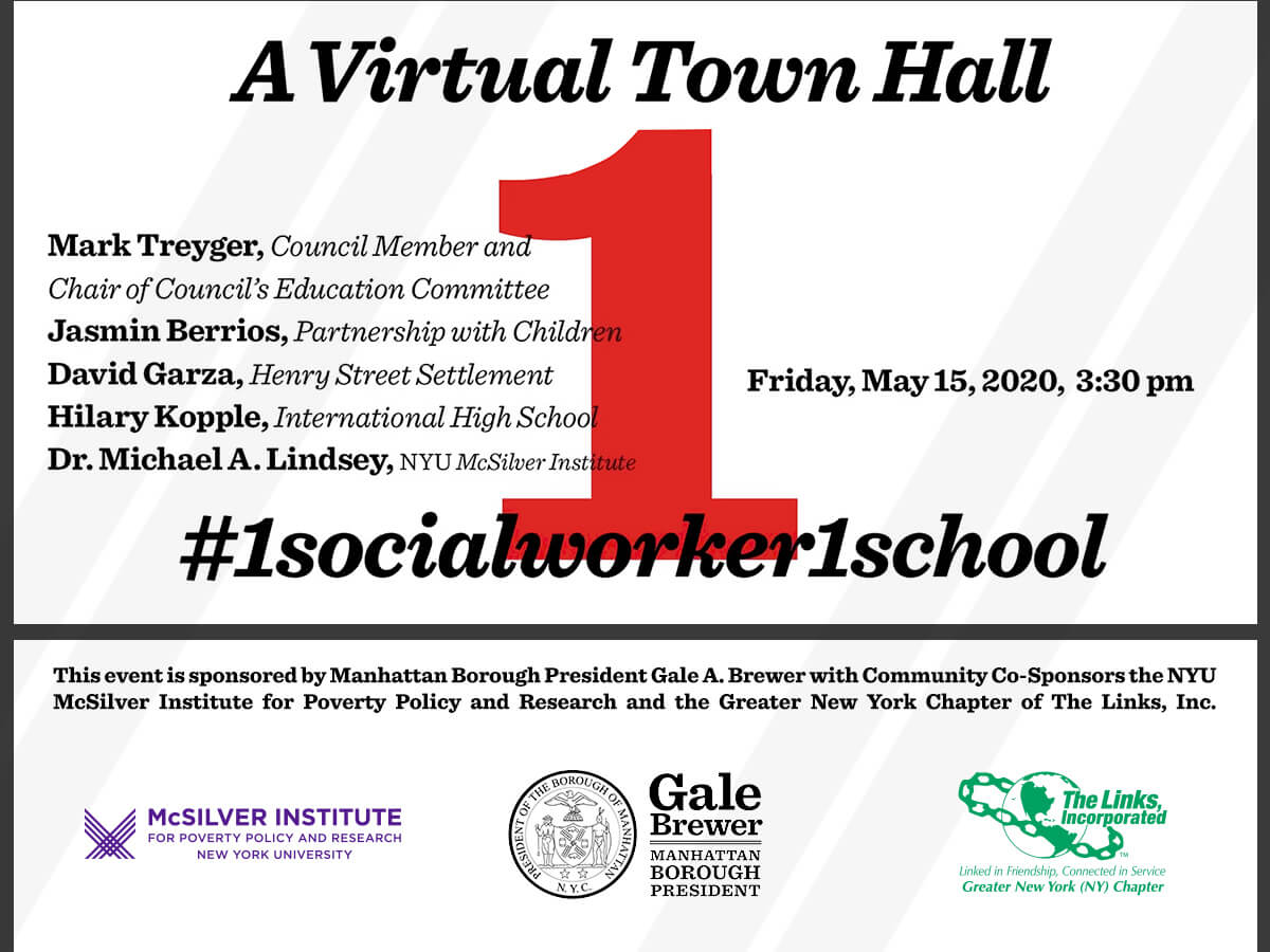 Flyer promoting a virtual town hall for social workers in schools, with hashtag 1socialworker1school