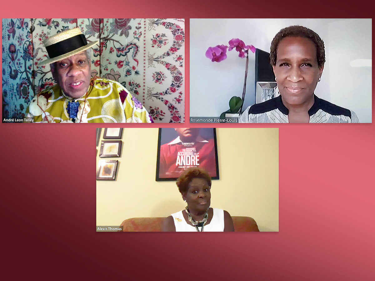 Image of Andre Leon Talley, Rose Pierre-Louis, and Alexis Thomas using video conferencing software