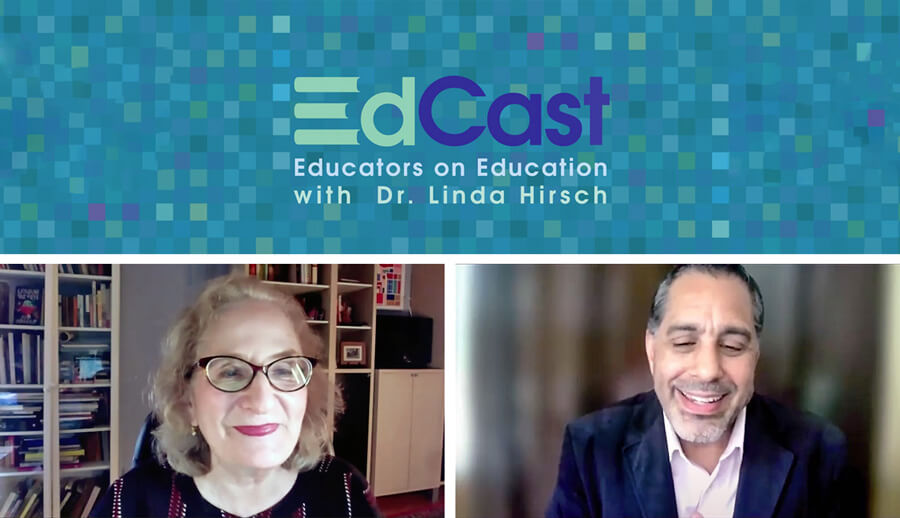 The EdCast logo above still frames of Drs. Hirsch and Rodriguez speaking on the program