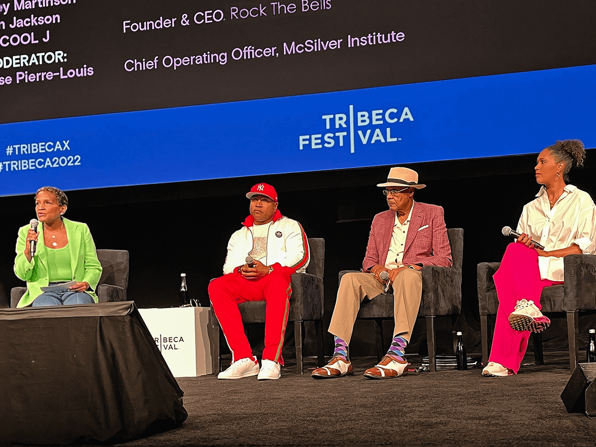 Rose Pierre-Louis moderates a panel at Tribeca X in 2022.