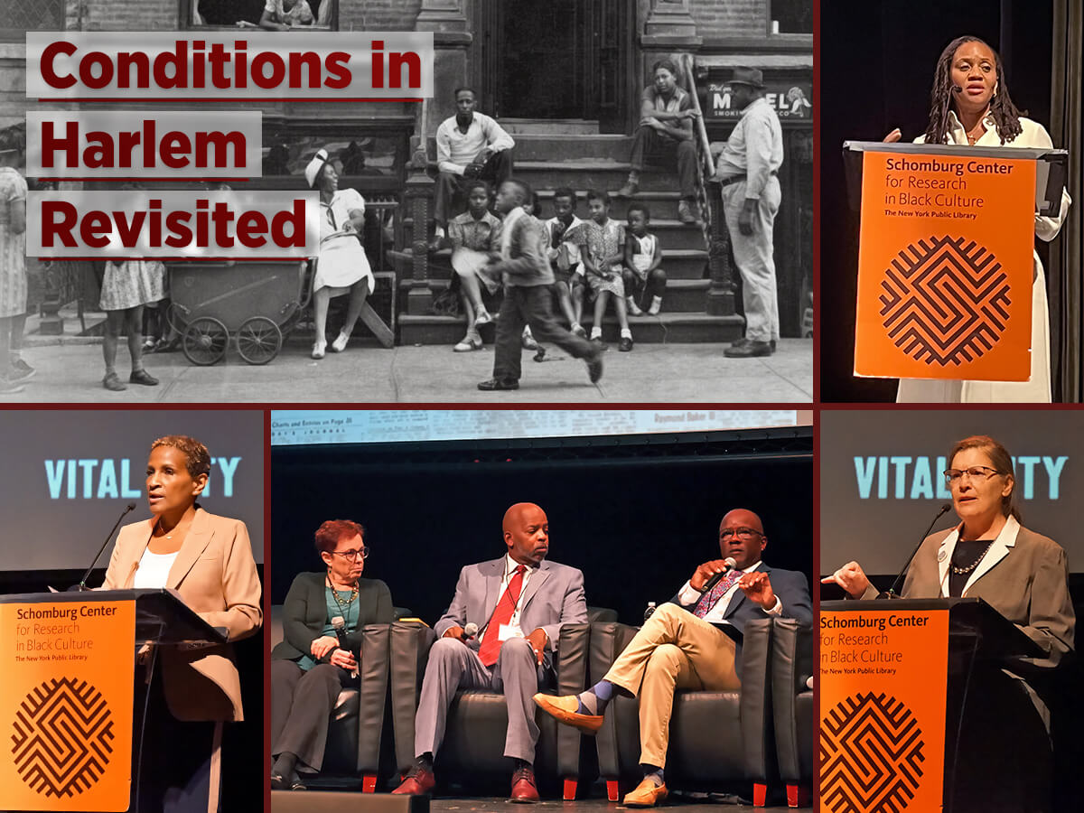 Collage showing (top left) a black-and-white photo from the 1930s showing Harlem in the era of the report, (top right) NYC Deputy Mayor for Strategic Policy Initiatives Sheena Wright, (lower left) Rose Pierre-Louis speaking at a podium emblazoned with the Schomburg Center's logo, (lower middle) three panelists at the September 20 convening seated in armchairs on the Schomburg Center stage, and (lower right) Department of Records and Information Services Commissioner Pauline Toole speaking at the same event.
