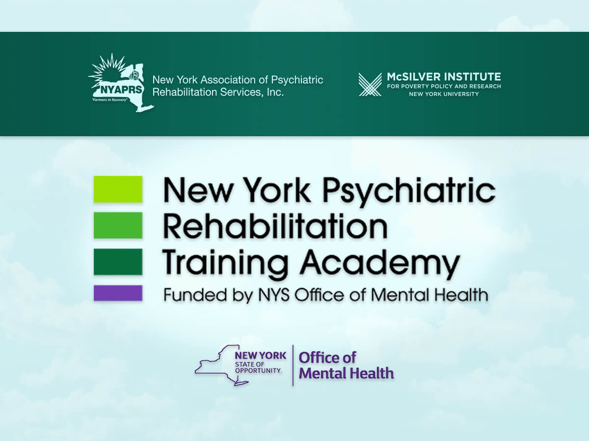 Logos for the New York Psychiatric Rehabilitation Training Academy, NYAPRS, NYU McSilver, and New York State's Office of Mental Health