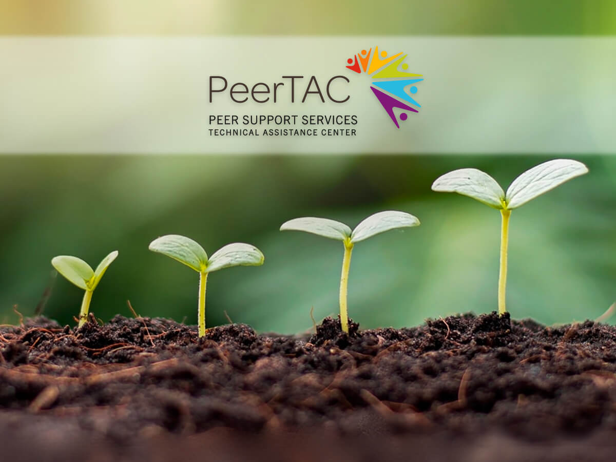 An image of young plants sprouting from soil, with the PeerTAC logo superimposed