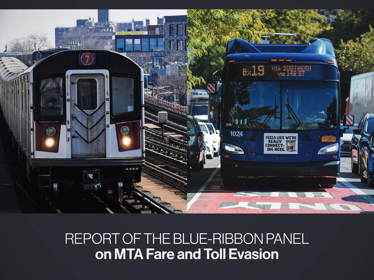 Cover image from the report showing different MTA vehicles (a subway train and a bus) in action